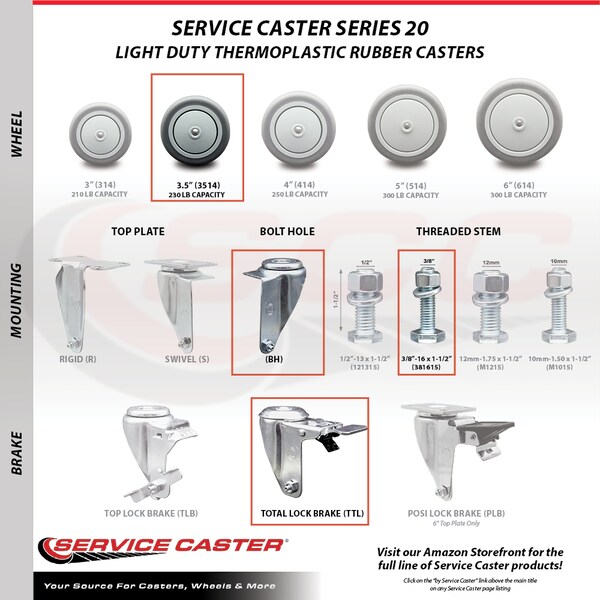 Service Caster 3.5 Inch Thermoplastic Rubber Swivel 3/8 Inch Stem Caster Set Total Lock Brake SCC-TSTTL20S3514-TPRB-381615-4 - main